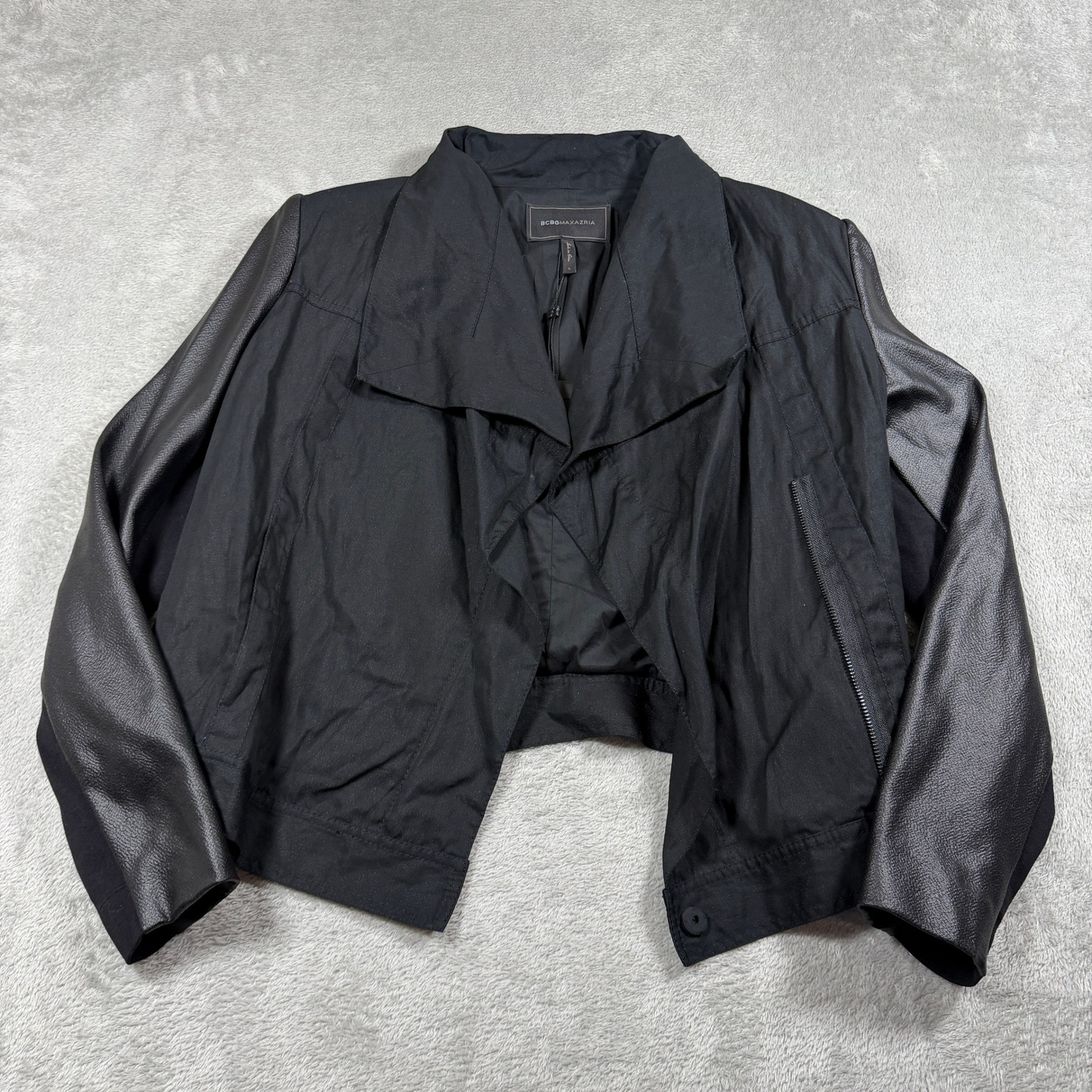 Bcbgmaxazria Moto Jacket Women Large Black Faux Leather Sleeve Cropped Loq4f635